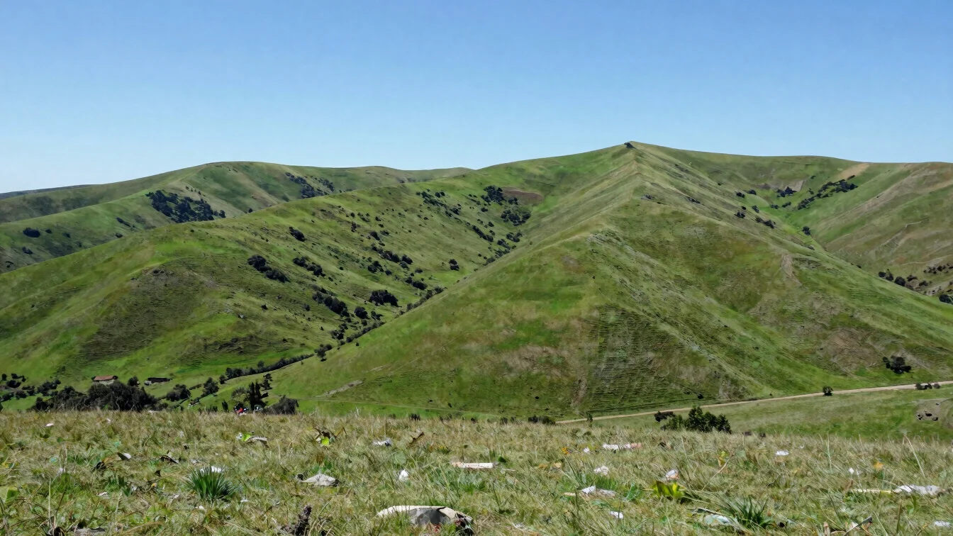 Vista amplia de un paisaje de viaje con colinas verdes y cielo cl