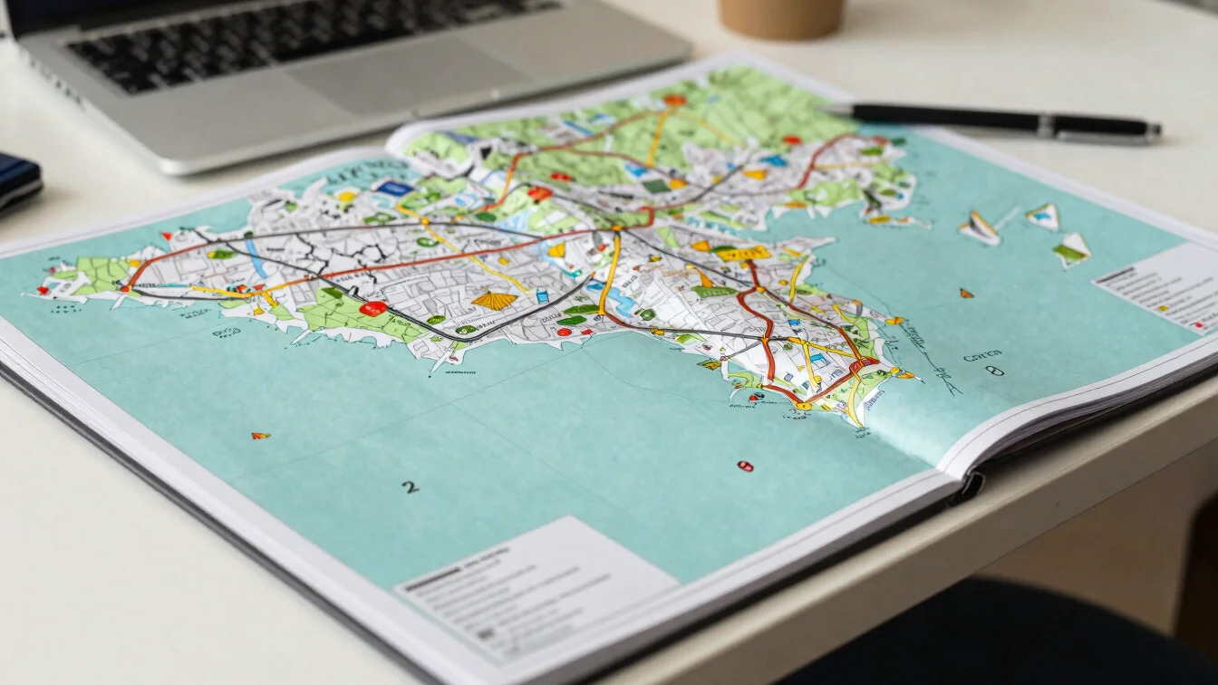 Detalle cercano de una mesa de planificación de viaje con mapa y